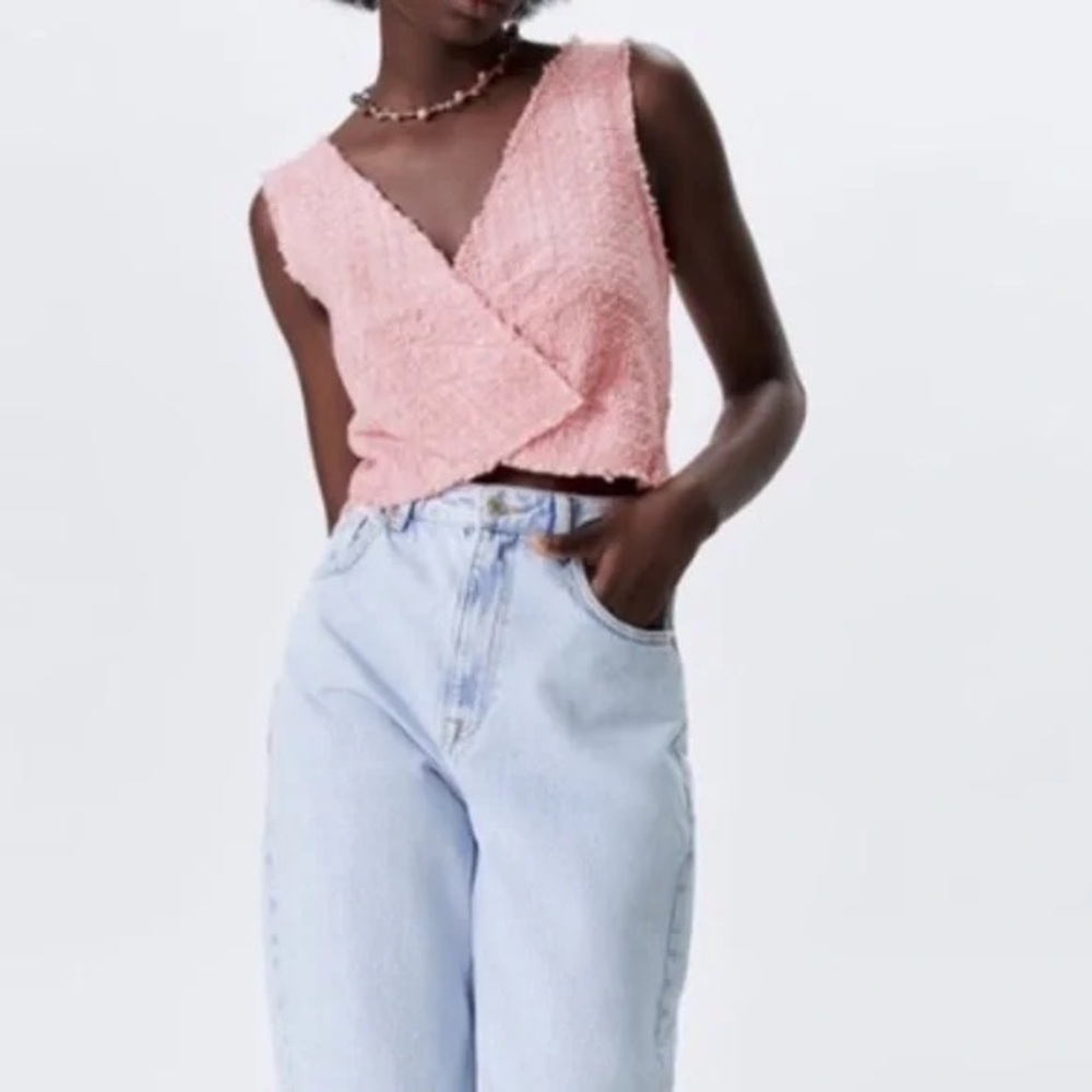 Zara textured tweed weave baby pink crop top Small